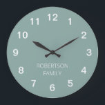 Personalised Minimalist Pale Turquoise Wall Clock<br><div class="desc">This modern Personalised Minimalist Pale Turquoise Wall Clock is easy to personalise by typing your choice of family name or similar wording into the personalisation template before ordering. The design features the numbers and personalisation in white on a simple plain pale turquoise colour background so that the time can easily...</div>