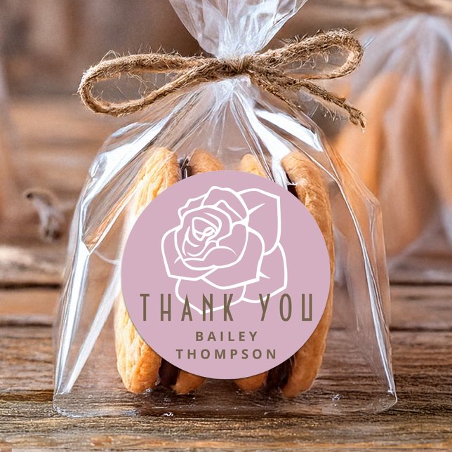 Personalised Minimalist Retro Pink Rose Thank You Classic Round Sticker (Creator Uploaded)