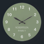 Personalised Minimalist Sage Green Wall Clock<br><div class="desc">This modern Personalised Minimalist Sage Green Wall Clock is easy to personalise by typing your choice of family name or similar wording into the personalisation template before ordering. The design features the numbers and personalisation in white on a simple plain "sage green" background so that the time can easily be...</div>