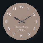 Personalised Minimalist Taupe Wall Clock<br><div class="desc">This modern Personalised Minimalist Taupe Wall Clock is easy to personalise by typing your choice of family name or similar wording into the personalisation template before ordering. The design features the numbers and personalisation in white on a simple plain taupe background so that the time can easily be seen by...</div>