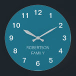 Personalised Minimalist Turquoise Blue Wall Clock<br><div class="desc">This modern Personalised Minimalist Turquoise Blue Wall Clock is easy to personalise by typing your choice of family name or similar wording into the personalisation template before ordering. The design features the numbers and personalisation in white on a simple plain background colour of deep turquoise blue so that the time...</div>