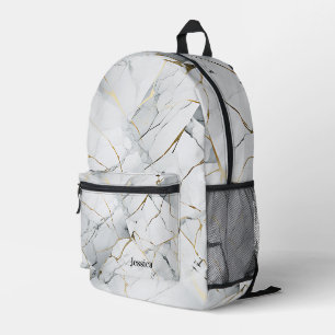 Personalised Minimalistic White Marbled Printed Backpack