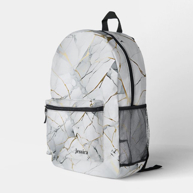 Personalised Minimalistic White Marbled  Printed Backpack (Back Corner Right)