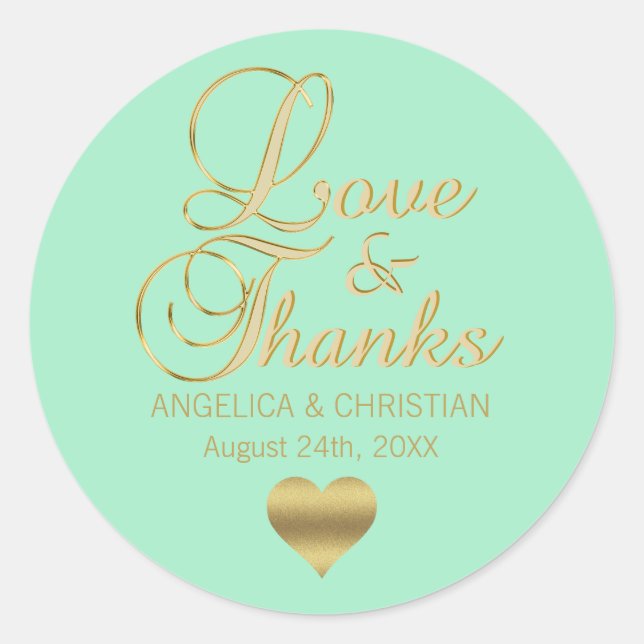Personalised MINT Gold LOVE & THANKS Wedding Classic Round Sticker (Front)