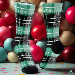 Personalised Mint Green and Black Tartan Plaid Socks
