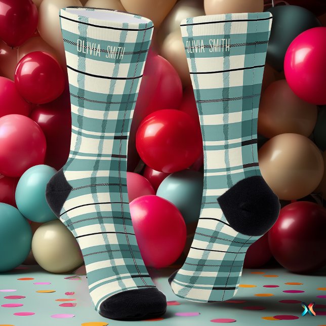Personalised Mint Green and Cream Tartan Plaid  Socks (Creator Uploaded)