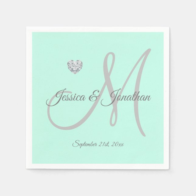 Personalised Mint Green Heart Monogrammed Wedding Napkin (Front)