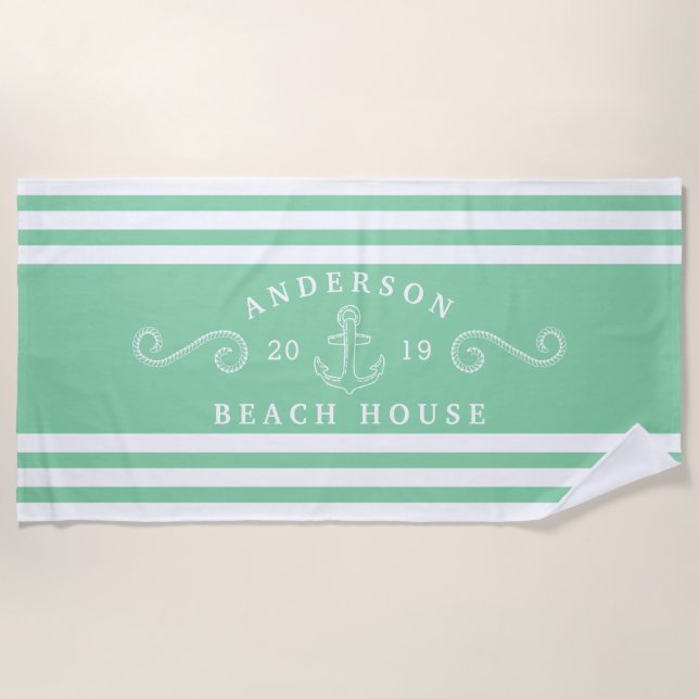 Personalised Mint Green Nautical Beach House Beach Towel (Front)