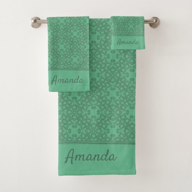 Personalised mint green pattern bath towel set (Insitu)
