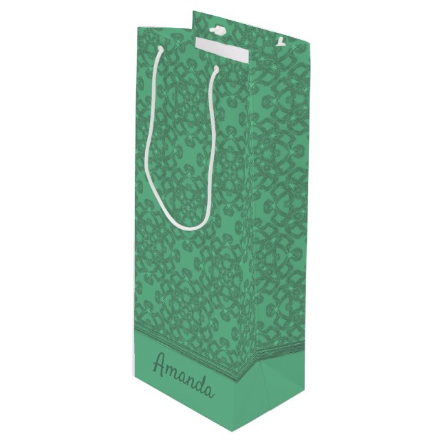 Personalised mint green pattern wine gift bag (Front Angled)