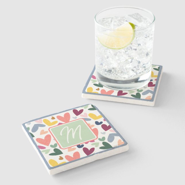 Personalised Mint Green Pink Blue Heart Pattern Stone Coaster (Side)