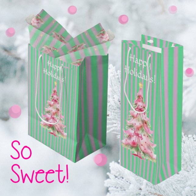 Personalised Mint Green Pink Stripe Christmas Tree Wine Gift Bag (Gift bags in small, medium and wine. You can personalize the text!)