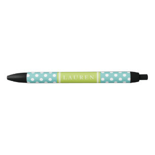 Personalised Mint Green Polka Dots Pattern Black Ink Pen