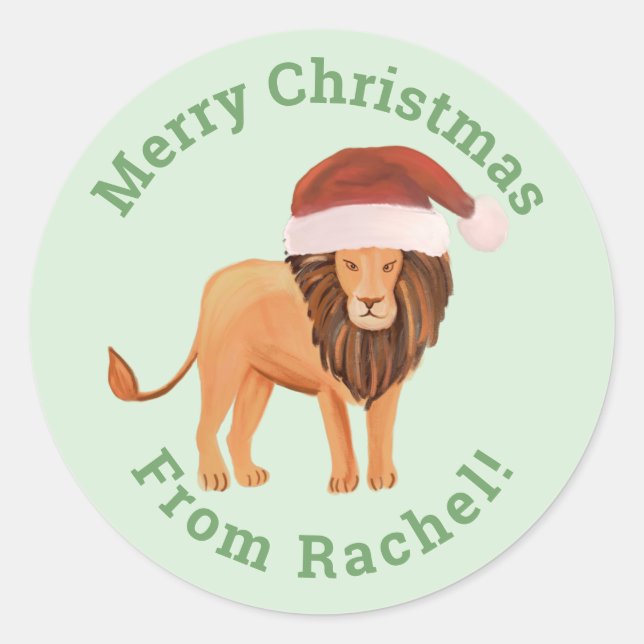 Personalised Mint Merry Christmas Santa Lion Classic Round Sticker (Front)