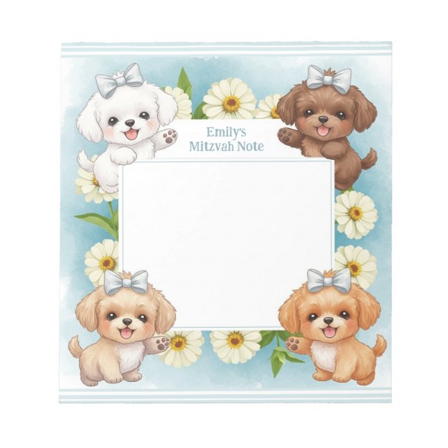 Personalised Mitzvah Note Notepad Floral Puppies (Front)