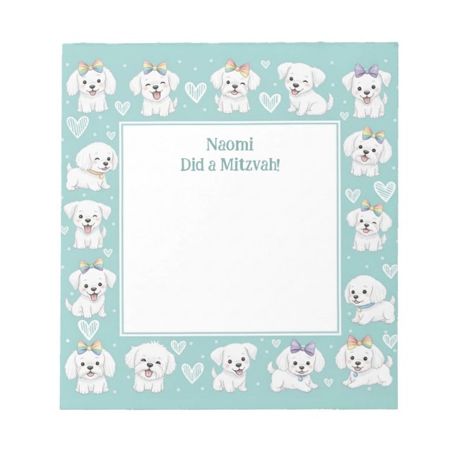 Personalised Mitzvah Note Notepad Mint Puppies (Front)