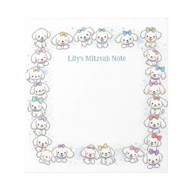 Personalised Mitzvah Note Notepad White Puppy Dogs (Front)