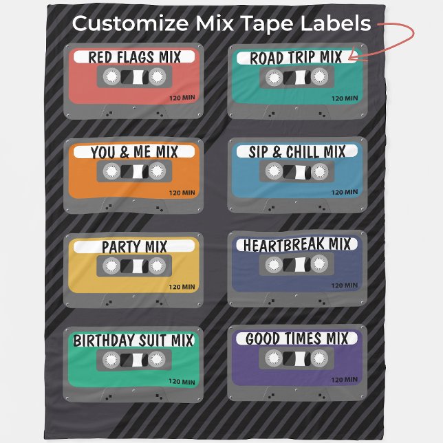 Personalised Mixtape  Fleece Blanket (Personalize all 8 Cassette Tape Labels for Your Own Personal Mix Tapes.)