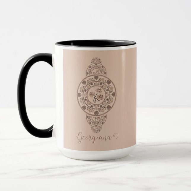 Personalised Mocha Rococo Lotus Ornamental Mandala Mug (Left)