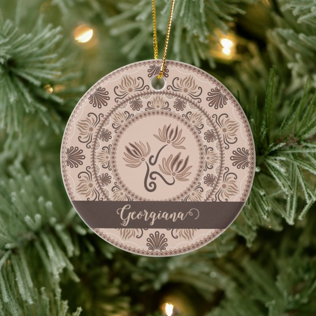 Personalised Mocha Rococo Revival Dot Mandala Ceramic Ornament (Tree)