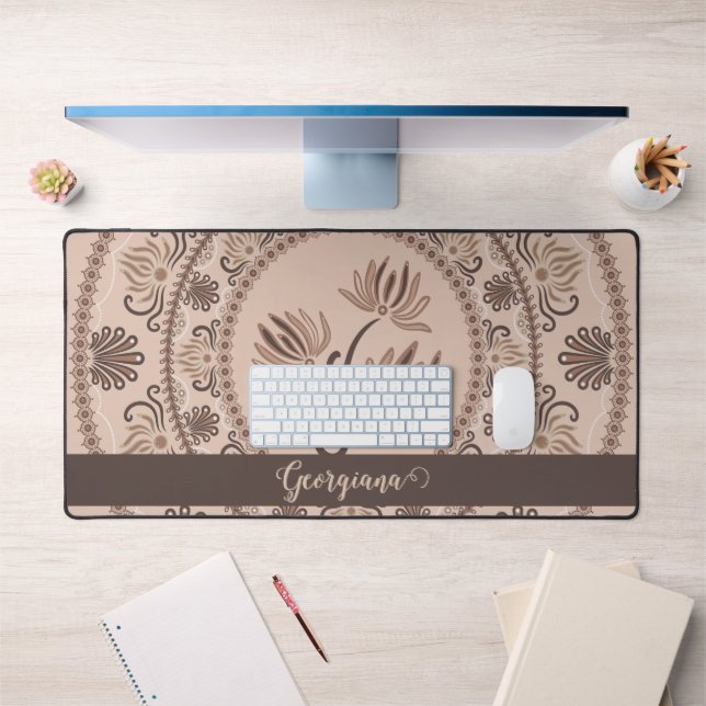 Personalised Mocha Rococo Revival Dot Mandala Desk Mat (Office 1)