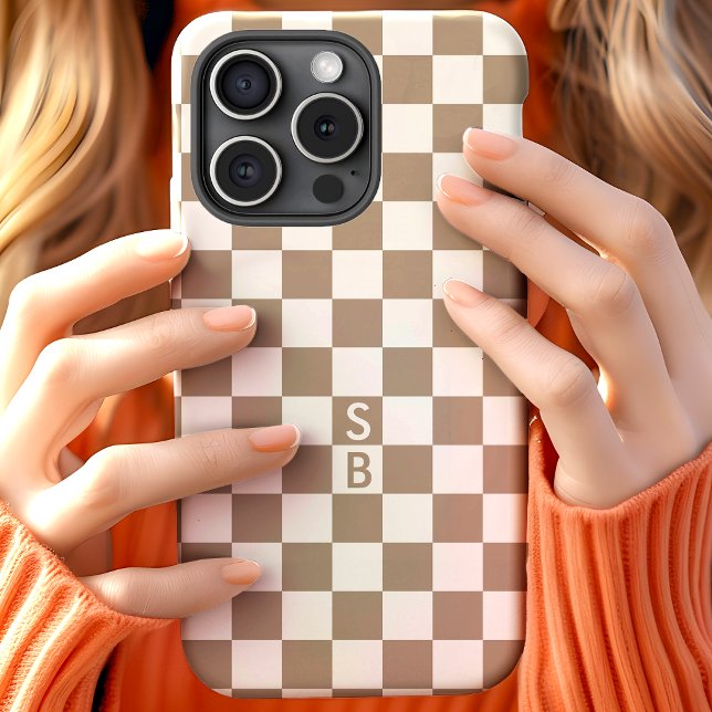 Personalised Mocha White Chequerboard Monogram Case-Mate iPhone Case (Creator Uploaded)