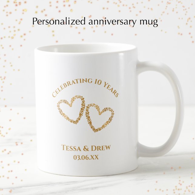 Personalised Modern 10th Wedding Anniversary Gift Coffee Mug (Add the couple’s names and anniversary date for a unique golden heart keepsake mug.)