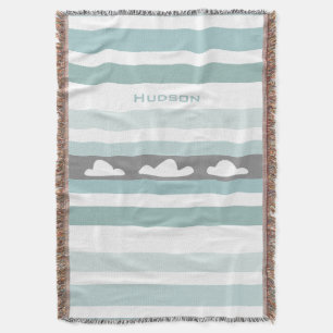 Personalised Modern Aqua Striped Clouds Throw Blanket