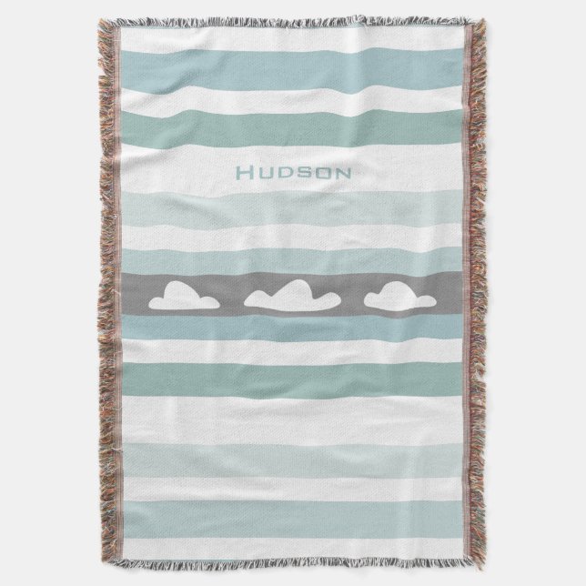 Personalised Modern Aqua Striped Clouds Throw Blanket (Front Vertical)