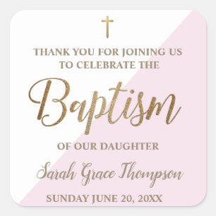 Personalised Modern Baby pink baptism thank you Square Sticker