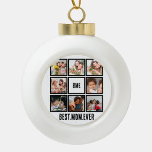Personalised Modern Best Mum Ever 8 Photo Collage Ceramic Ball Christmas Ornament