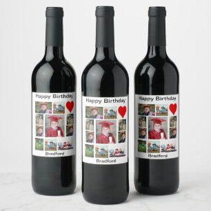 Personalised Modern Birthday 11 Photo Collage Wine Label