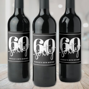Personalised Modern Black 60th Birthday Party Wine Label