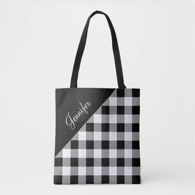 Personalised Modern Black And White Buffalo Check Tote Bag (Front)