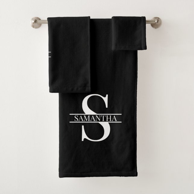 Personalised Modern Black and White Monogram Name Bath Towel Set (Insitu)