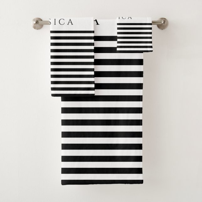Personalised Modern Black And White Stripes Bath Towel Set (Insitu)