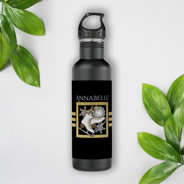 Personalised Modern Black Gold Glitter Ice Skating 710 Ml Water Bottle (Creator Uploaded)