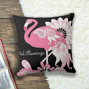 Personalised Modern Black Paisley Pink Flamingo Cushion