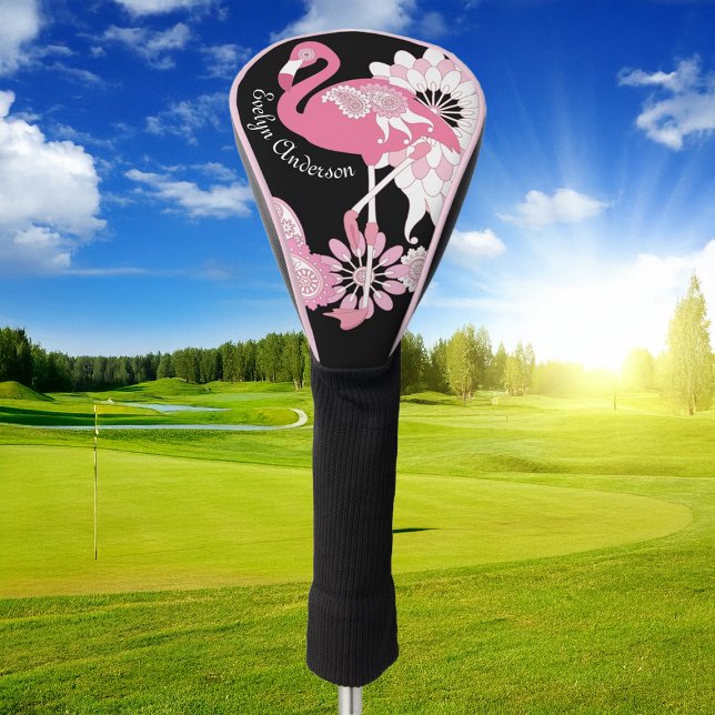 Personalised Modern Black Paisley Pink Flamingo Golf Head Cover (Creator Uploaded)