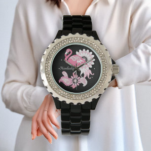 Personalised Modern Black Paisley Pink Flamingo Watch