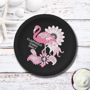Personalised Modern Black Pink Flamingo Paper Plate