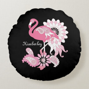 Personalised Modern Black Pink Flamingo Round Cushion