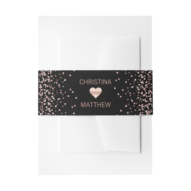 Personalised Modern Black Rose Gold Heart Wedding Invitation Belly Band (Front Example)