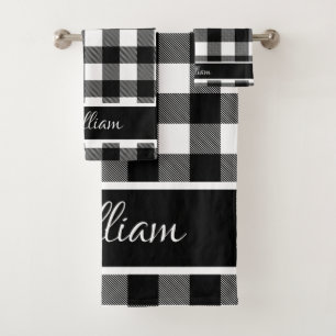 Personalised Modern Black White Buffalo Checks Bath Towel Set