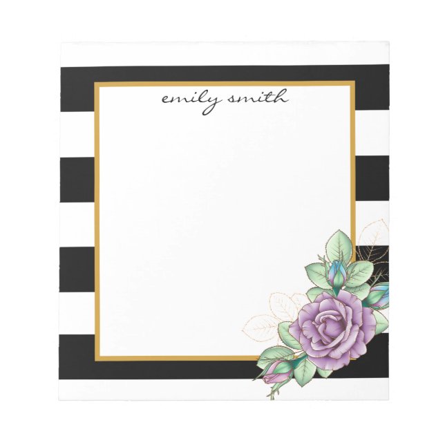 Personalised Modern Black & White Stripe Floral No Notepad (Front)