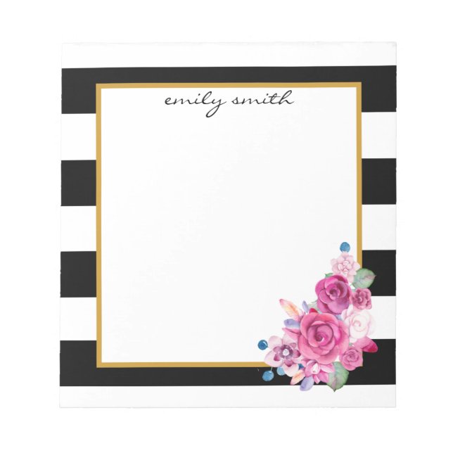 Personalised Modern Black & White Stripe Floral Notepad (Front)