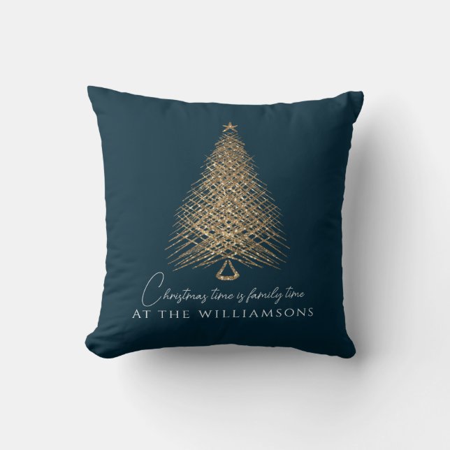 Personalised modern blue gold tree christmas  cushion (Front)
