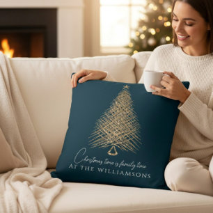 Personalised modern blue gold tree christmas cushion