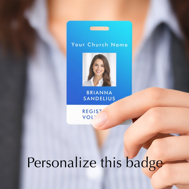 Personalised Modern Blue Gradient Custom Photo ID Badge (Add your own words to personalize this modern blue gradient registered volunteer photo ID badge.
)