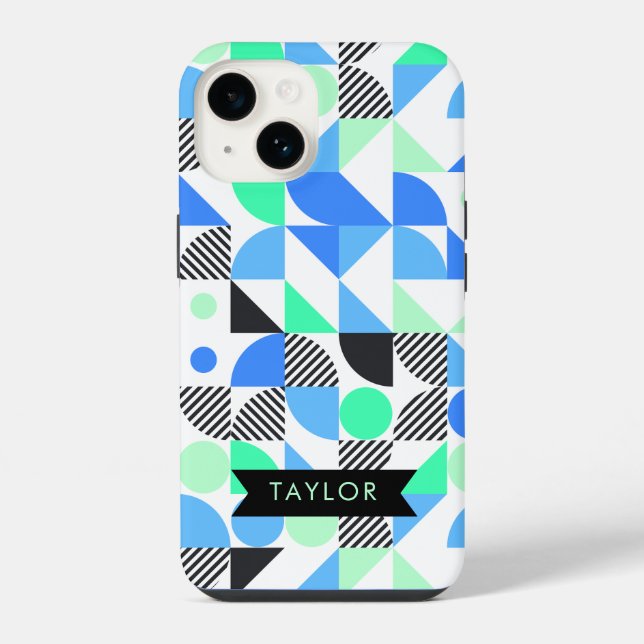 Personalised Modern Blue Mint Geometric iPhone Case (Back)